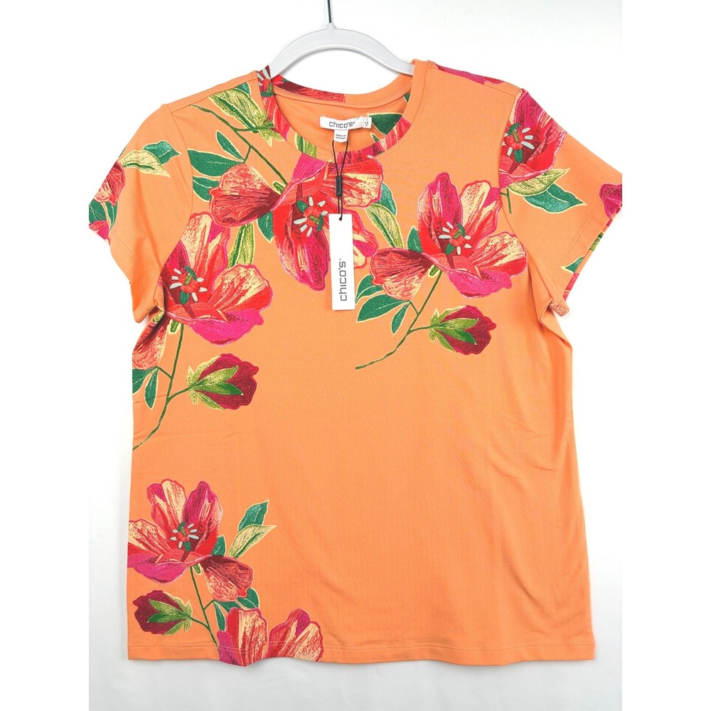 Chico's Floral Short Sleeve Tee Size 1 Medium Orange